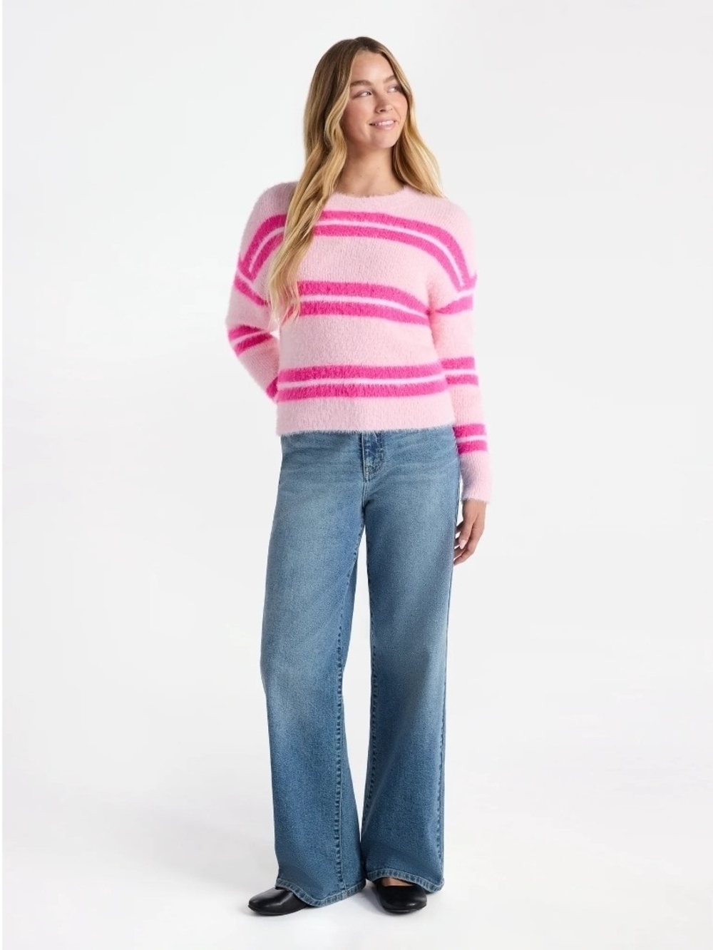 No Boundaries Pink Fuzzy Crewneck Sweater with Hot Pink Stripes Size XL (16-18) - Picture 2 of 8